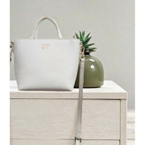 TDE White Structured Leather Tote Bag DT Logo Gold Hardware Crossbody Strap